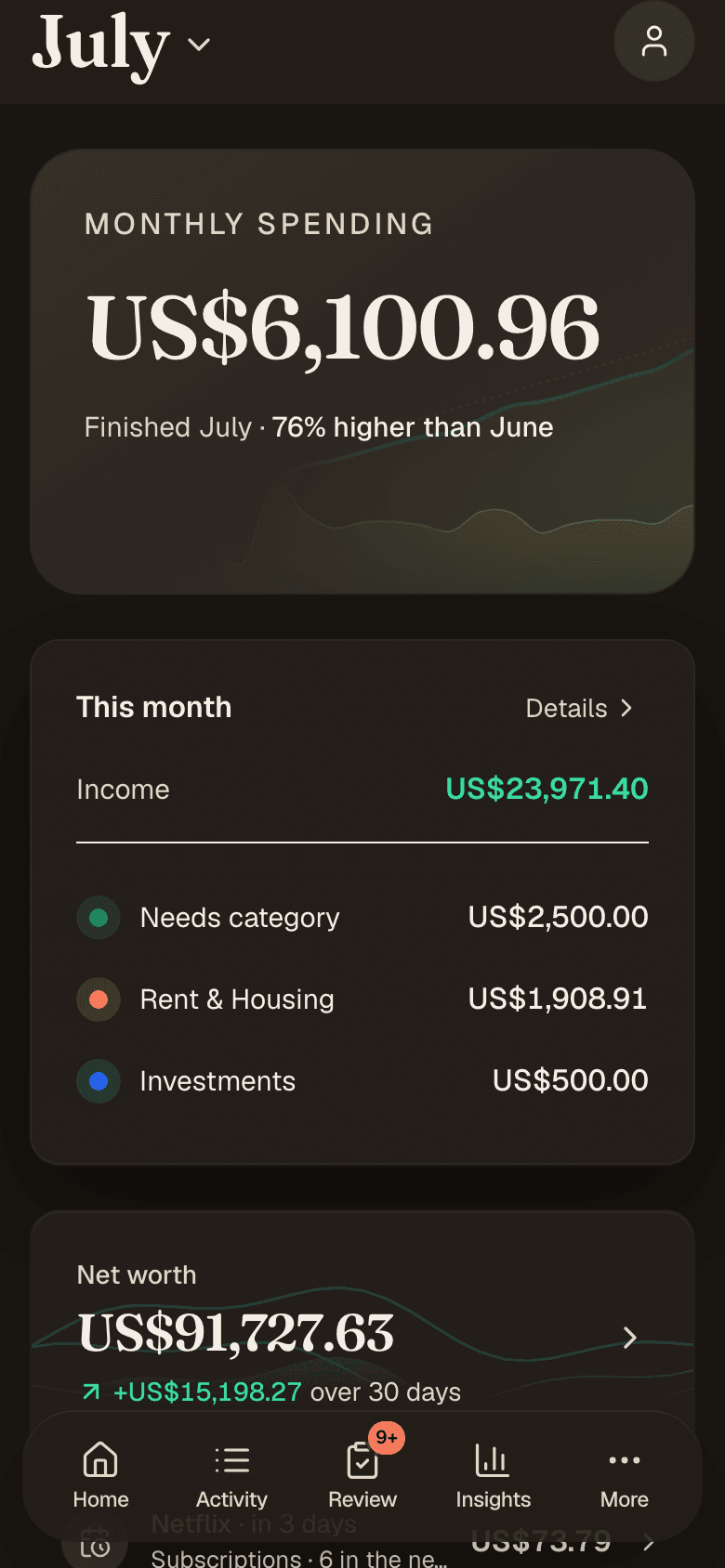 Expenses — home overview with monthly spend and net worth
