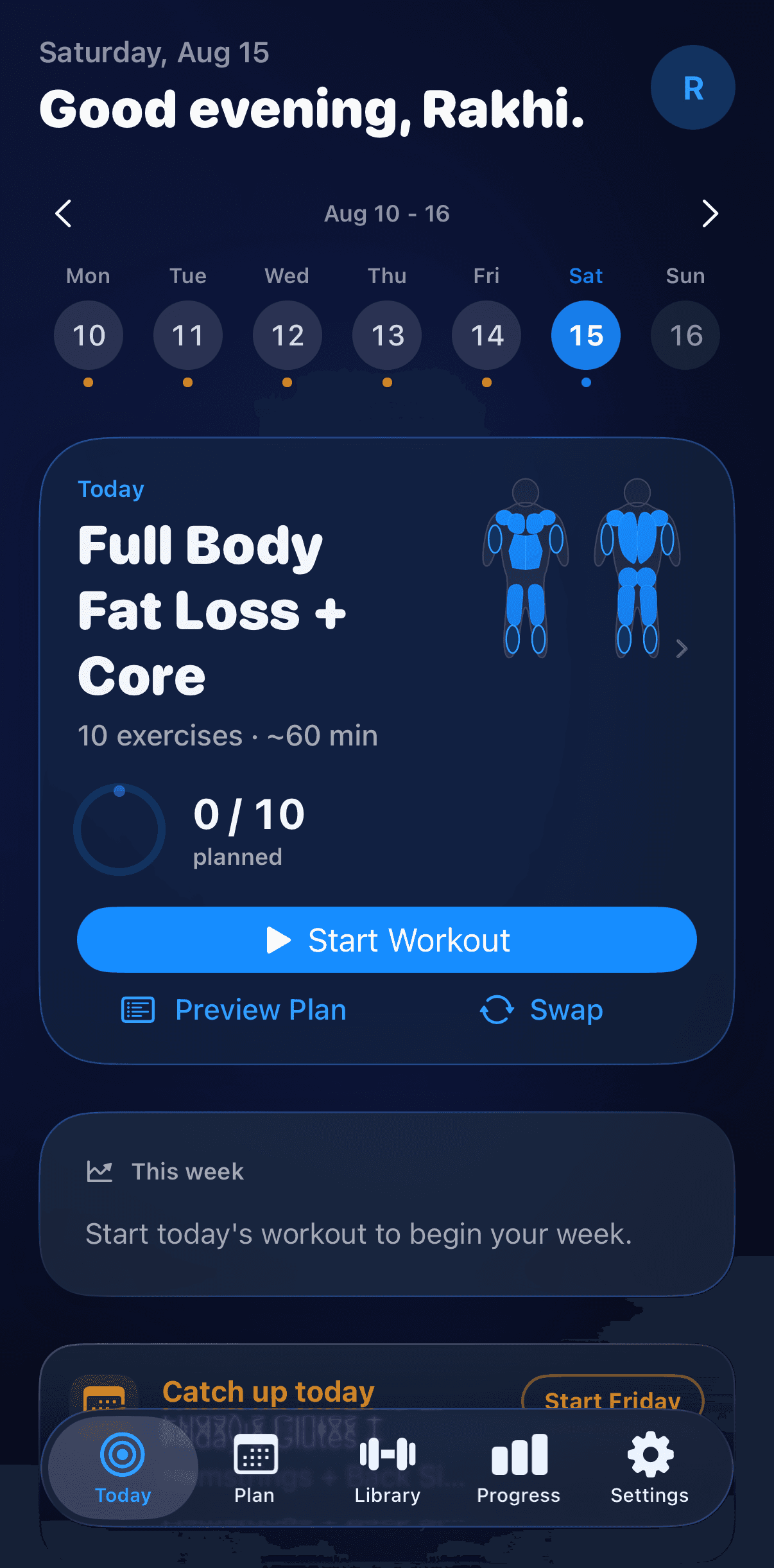 GymPal — Today view with weekly calendar and workout card